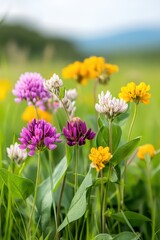 Fototapeta premium A close-up of vibrant wildflowers blooming in a sunlit meadow, showcasing nature's delicate beauty.