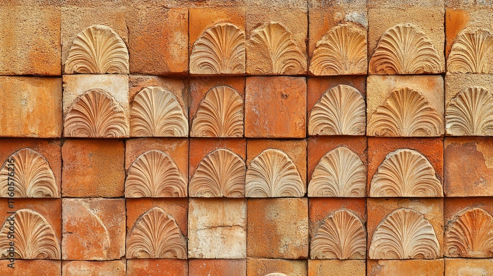 Poster background texture of an orange clay face brick wall with decorative pattern of interspersed half br