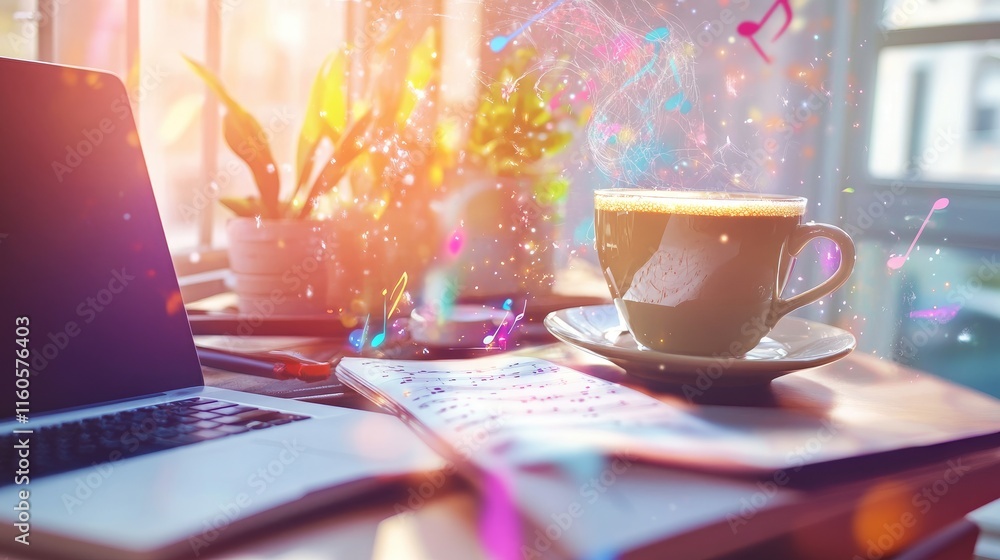 Poster a dynamic, vibrant creative space with music notes and coffee, sparking inspiration for artistic pro