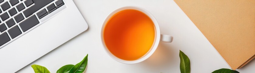 Cozy workspace featuring a warm cup of herbal tea, perfect for inspiration and relaxation.