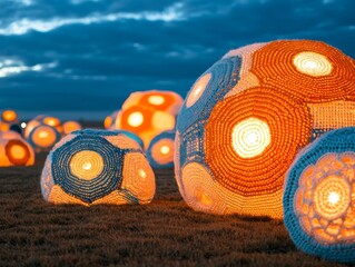 Illuminated Knitted Sphere Art Installation Outdoor Night