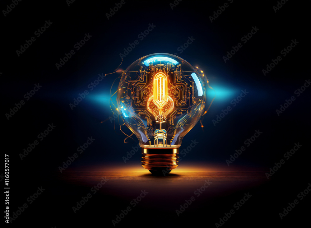 Poster glowing lightbulb with intricate internal design, emitting warm light against a dark background. int