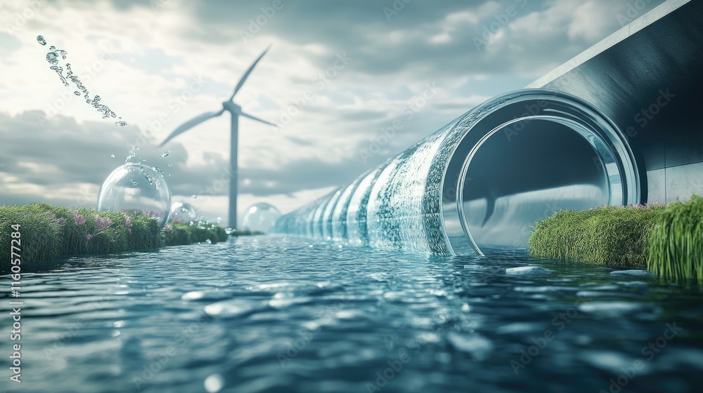 Poster a futuristic, modern design representing clean water technologies, solving the world water scarcity 