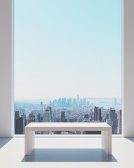 A modern window frame with a dynamic angle, city skyline view, minimalist white table beneath