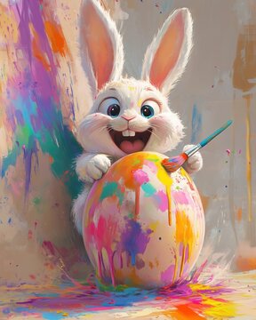 Osterhase malt mit Freude buntes Ei