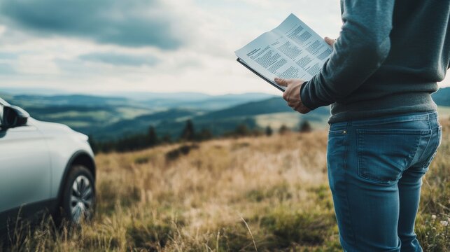 Car parked on a hillside with a driver reviewing a manual. Featuring a scenic landscape