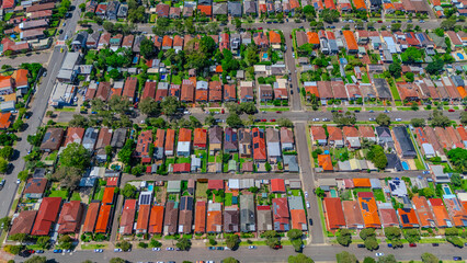 Panorama aerial drone view of western Sydney Suburbs of Canterbury Burwood Ashfield Marrickville Campsie with Houses roads and parks in Sydney New South Wales NSW Australia