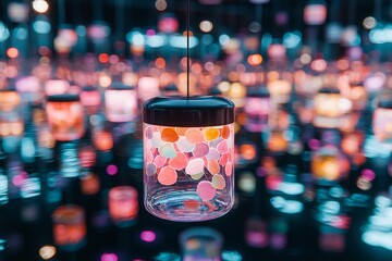 Illuminated Glass Jar with Colorful Lights Festive Decor Night Scene