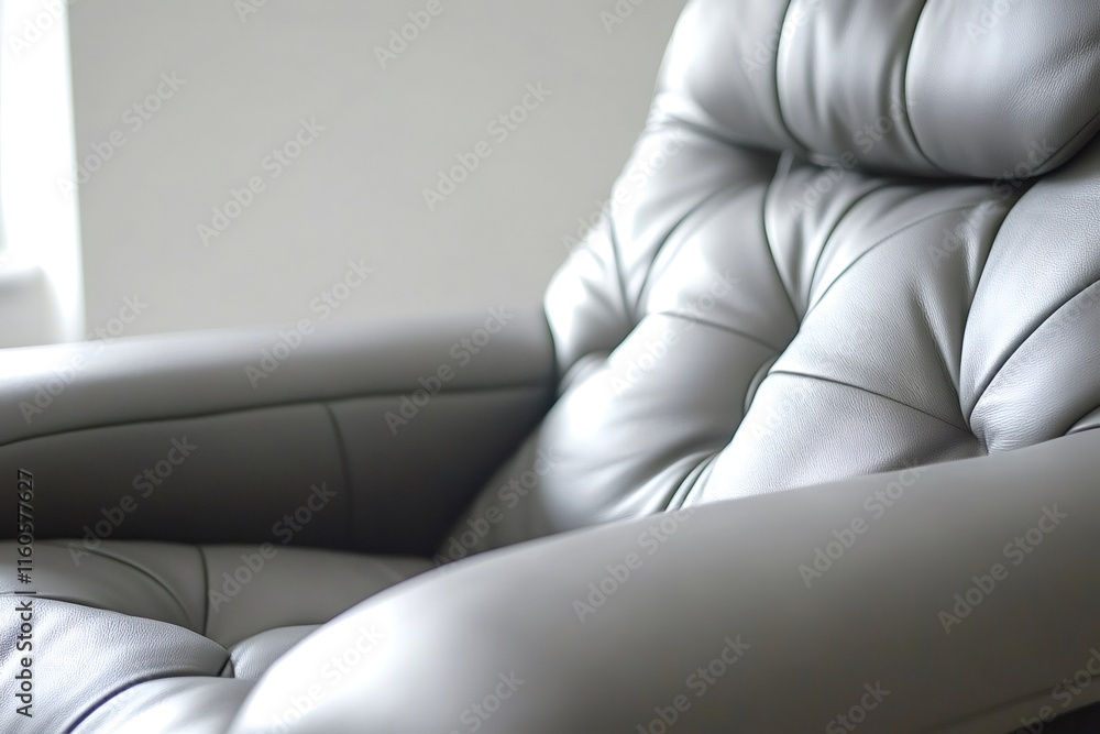Poster empty gray leather armchair with deep buttoning stands in a modern interior, creating a cozy atmosph