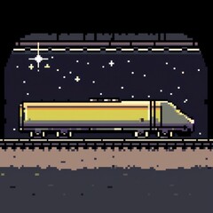 20241228122317list 44 A playful 8-bit pixel art of a glowing pixelated train traveling through pixelated tunnels with tiny sparkling stars and glowing windows, set on a pastel grey and orange 