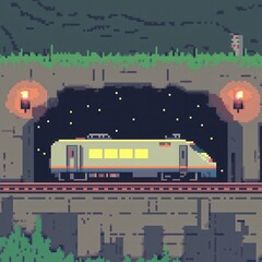20241228122317list 44 A playful 8-bit pixel art of a glowing pixelated train traveling through pixelated tunnels with tiny sparkling stars and glowing windows, set on a pastel grey and orange 