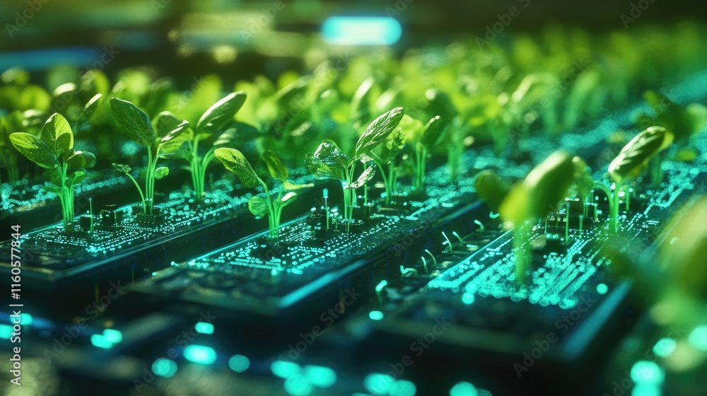 Poster a futuristic view of microelectronic sensors enhancing smart agriculture, showcasing how technology 