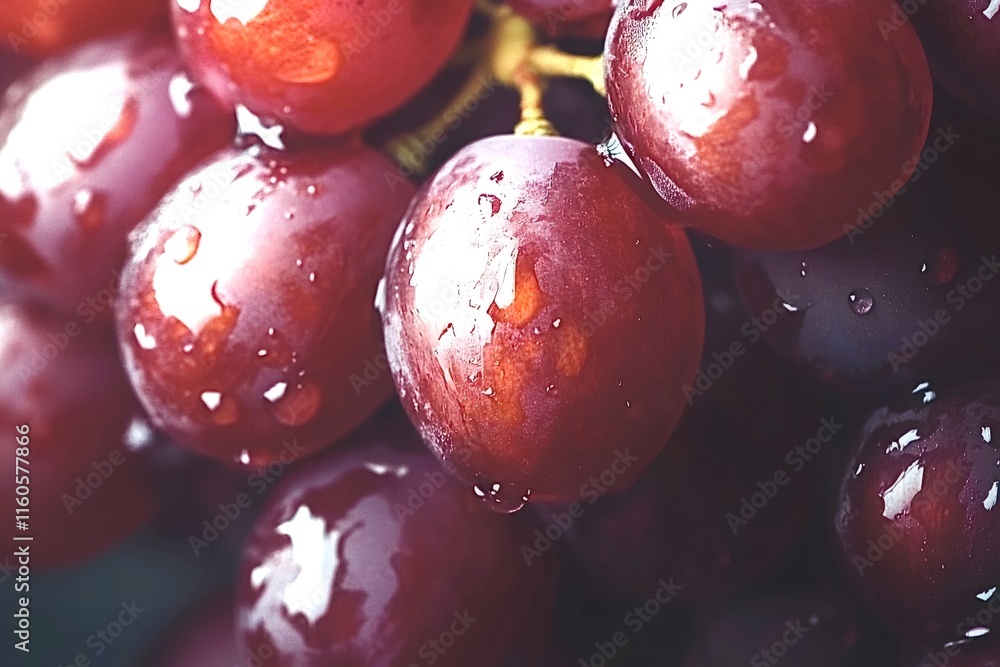 Aufkleber close-up of a bunch of ripe red grapes glistening with water droplets, creating a visually appealing