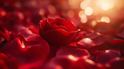 Red rose petals will fall on abstract floral background.