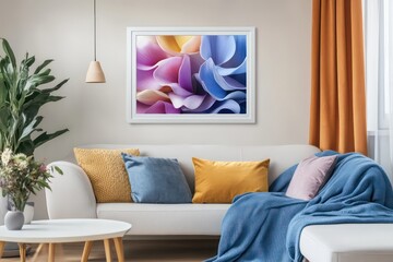mockup of a white picture frame ar 2:3 hanging on living room wall, basic pastel colors , realistic photo , vintage home from the 1960s , very harmonious