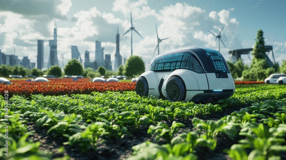 Poster A futuristic view of microelectronic sensors enhancing smart agriculture, showcasing how technology improves efficiency in farming operations.