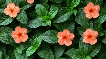 a close-up of mint green leaves and soft orange flowers, creating a harmonious blend of vibrant greenery and delicate blossoms.