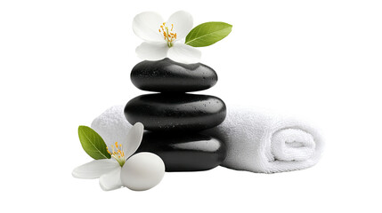 Zen-like Serenity: A serene spa scene featuring smooth black stones, a delicate white towel, and jasmine blossoms, evoking tranquility and relaxation. 