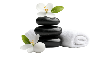 Zen-like Serenity: A serene spa scene featuring smooth black stones, a delicate white towel, and jasmine blossoms, evoking tranquility and relaxation. 