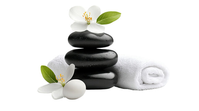 Zen-like Serenity: A serene spa scene featuring smooth black stones, a delicate white towel, and jasmine blossoms, evoking tranquility and relaxation. 