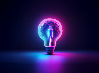 Glowing lightbulb, vibrant pink and blue hues, contains a translucent human figure.  Represents creativity, innovation, and inner light.