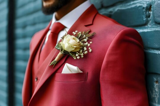 Boutonniere cream rose on a groom wearing a red suit for his wedding.