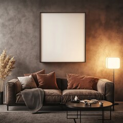 realistic photo of a cozy living room with an empty frame on a wall, super realistic 