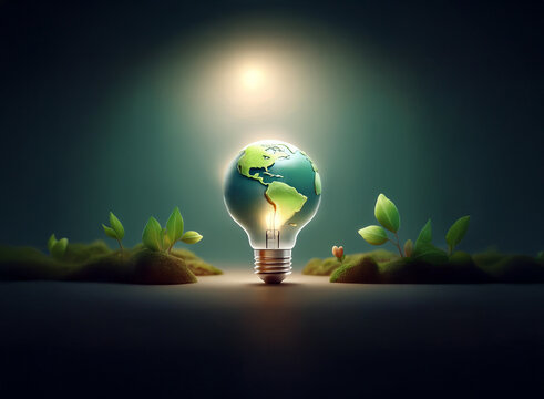 A glowing lightbulb, containing a miniature Earth, sits amidst sprouting greenery.  It symbolizes environmental awareness and sustainable energy solutions.