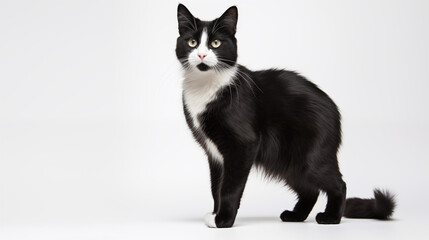 Obraz premium Black and White Cat Standing Gracefully Against a White Background