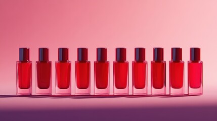 Cherry red nail polish bottles,Creative flat lay of fashion bright nail polishes,Minimal style,Nude tones color,Beauty blogger concept,beauty,fashion,women essential beauty items,Copy space.