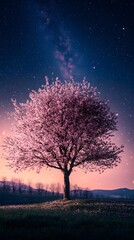 A magnificent and beautiful cherry blossom tree standing alone, with a beautiful view of the stars in the night sky