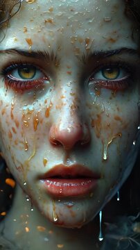 A two-faced beautiful woman crying in sorrow with a burning face, mental health awareness, the face of creation and destruction, light and darkness, anxiety, sadness, fighting demons, depression