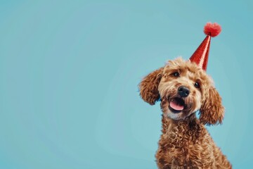 Obraz premium Cute dog celebrating with red pary hat and blow out against a blue background and copy space to side