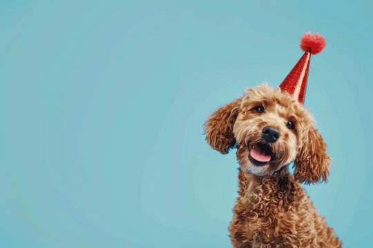 Cute dog celebrating with red pary hat and blow out against a blue background and copy space to side