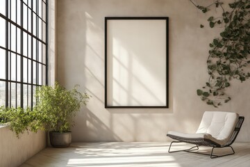 single frame 16 in x 20 in wall room mockup neutral airy with window reflection
