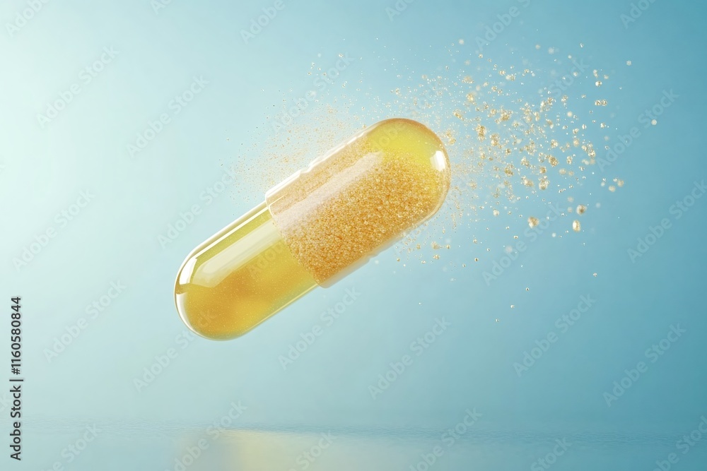 Poster golden supplement capsule dissolving and releasing shimmering gold particles against a light blue ba