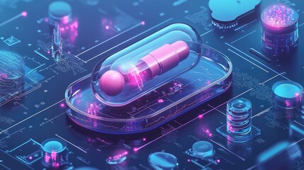 A modern digital illustration of nanoscale innovations in drug delivery, revolutionizing medical treatments with precision and advanced technology.