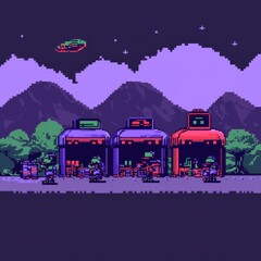Obraz premium 20241228122317list 65 An intricate 8-bit pixel art of a glowing pixelated alien marketplace with tiny glowing stalls, pixelated goods, and sparkling shoppers, set on a pastel aqua and purple 