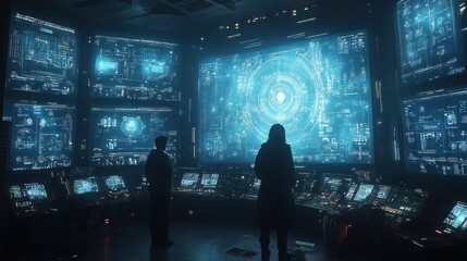 Two figures observe futuristic data on large screens.