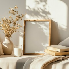 small blank rectangle wooden photo frame, book shelf, bright living room setting 