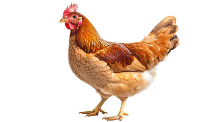 Fototapeta premium Golden Hen: A striking image of a brown hen with vibrant plumage, perfectly captured in a side profile. Her bright red comb and wattle add a touch of color to her otherwise soft, earthy tones.