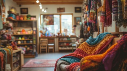 Obraz premium cozy knitting store filled with colorful yarns, knitting needles, and handmade scarves