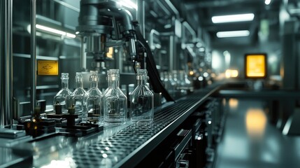 Fototapeta premium A pharmaceutical factory production line with glass bottles, demonstrating automated filling, sealing, and packaging processes.