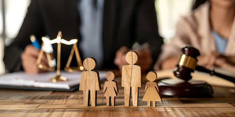  A photo of a family law courtroom with a judge, lawyers, and wooden figurines representing a family.