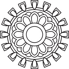Circle flowers of a mandala with a floral ornament pattern. This is a vector black-and-white mandala design for coloring. It is a beautiful, symmetrical mandala design in black and white.