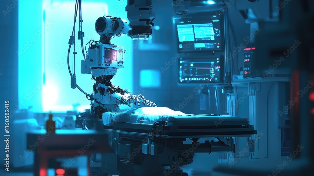 Poster a robot assisting with an operation on a surgical table under bright blue lights, representing the f