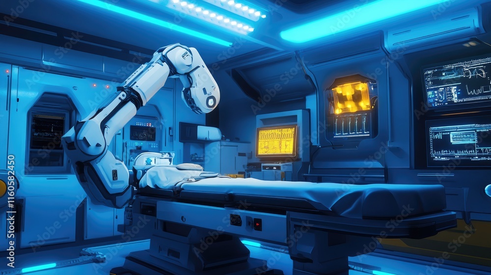 Poster a robot assisting with an operation on a surgical table under bright blue lights, representing the f