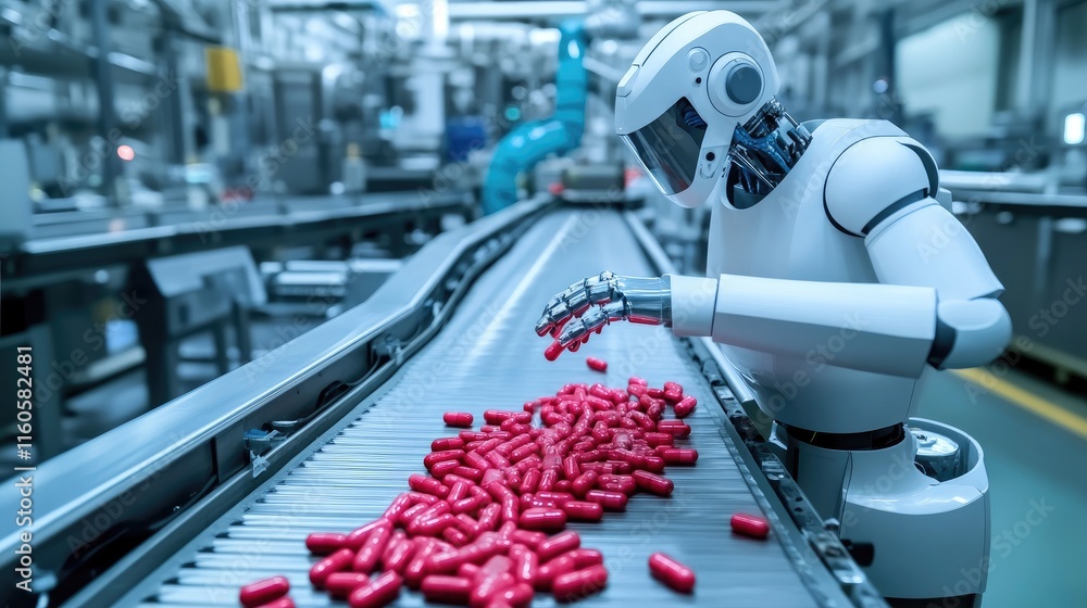 Poster A robot working on a conveyor belt in a pharmaceutical factory, handling red pills with speed and precision, highlighting modern automation technology.