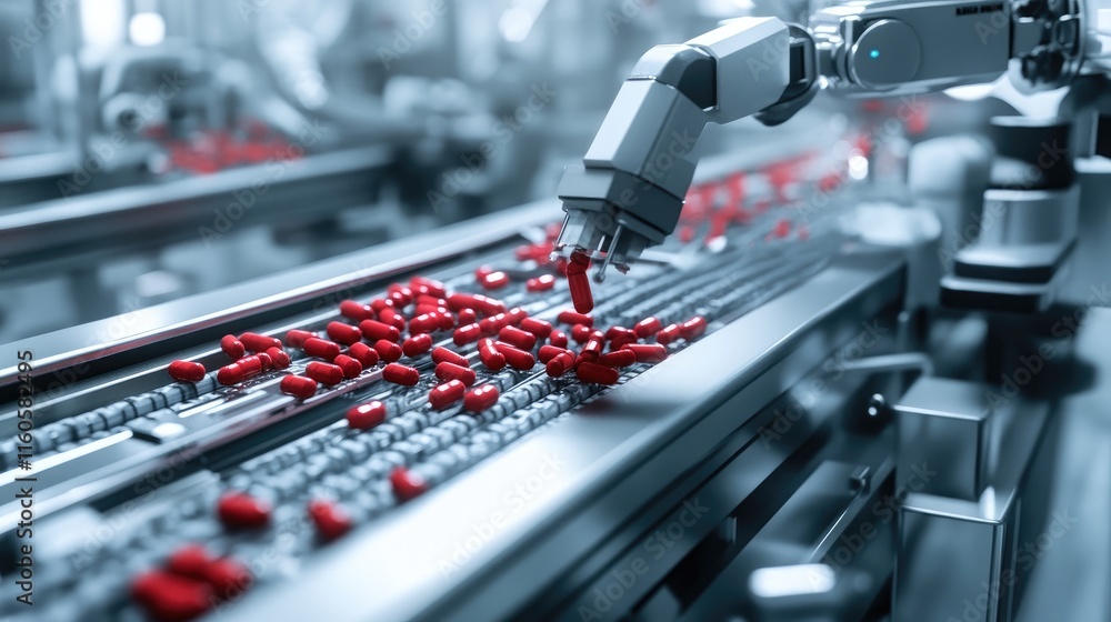 Poster a robot working on a conveyor belt in a pharmaceutical factory, handling red pills with speed and pr