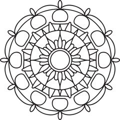 Circle flowers of a mandala with a floral ornament pattern. This is a vector black-and-white mandala design for coloring. It is a beautiful, symmetrical mandala design in black and white.